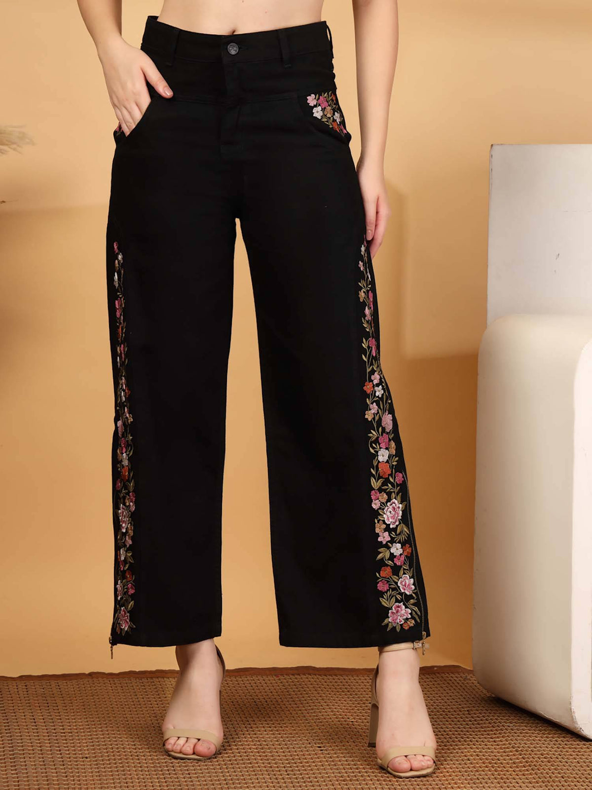 Embroidered Wide Leg Black Jeans | BG78 - view 1