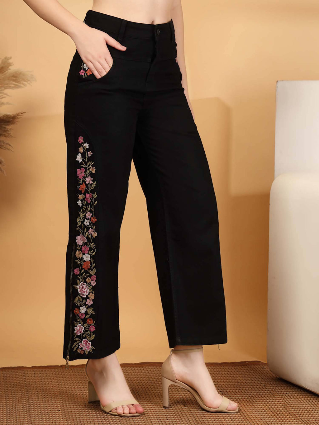 Embroidered Wide Leg Black Jeans | BG78 - view 4