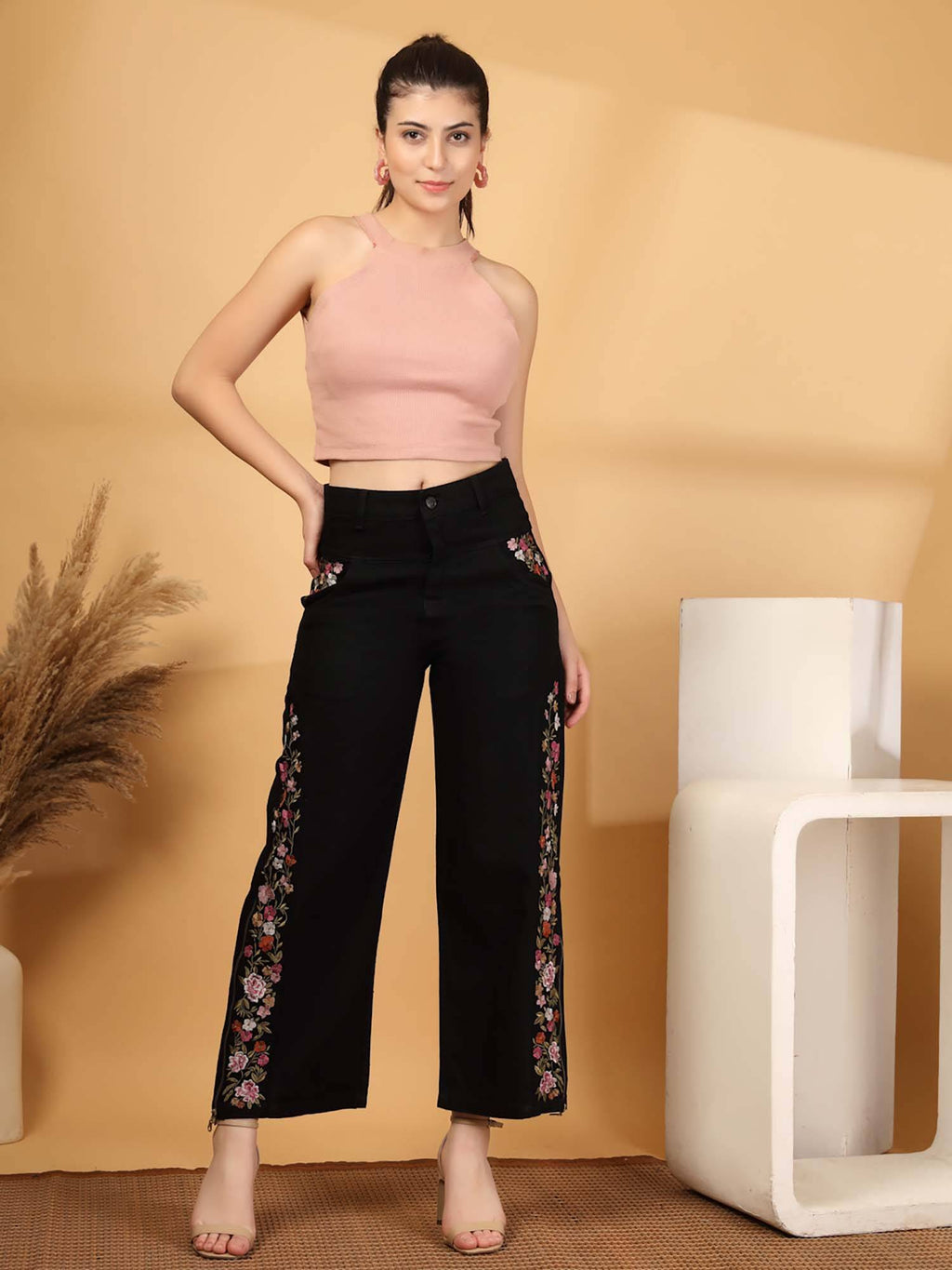 Embroidered Wide Leg Black Jeans | BG78 - view 6