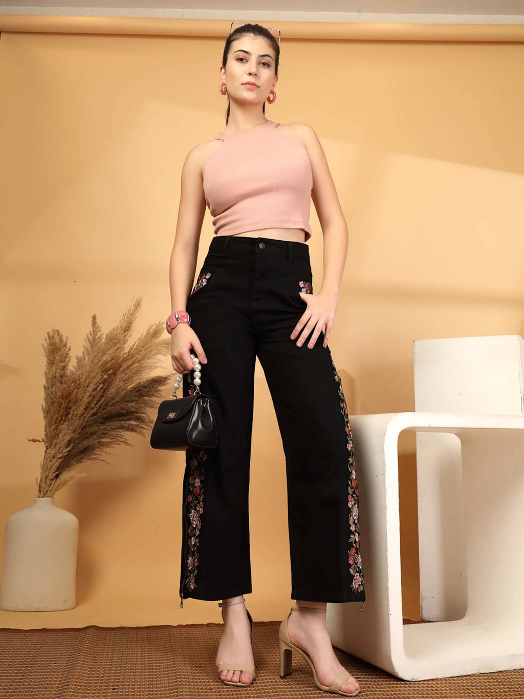 Embroidered Wide Leg Black Jeans | BG78 - view 7