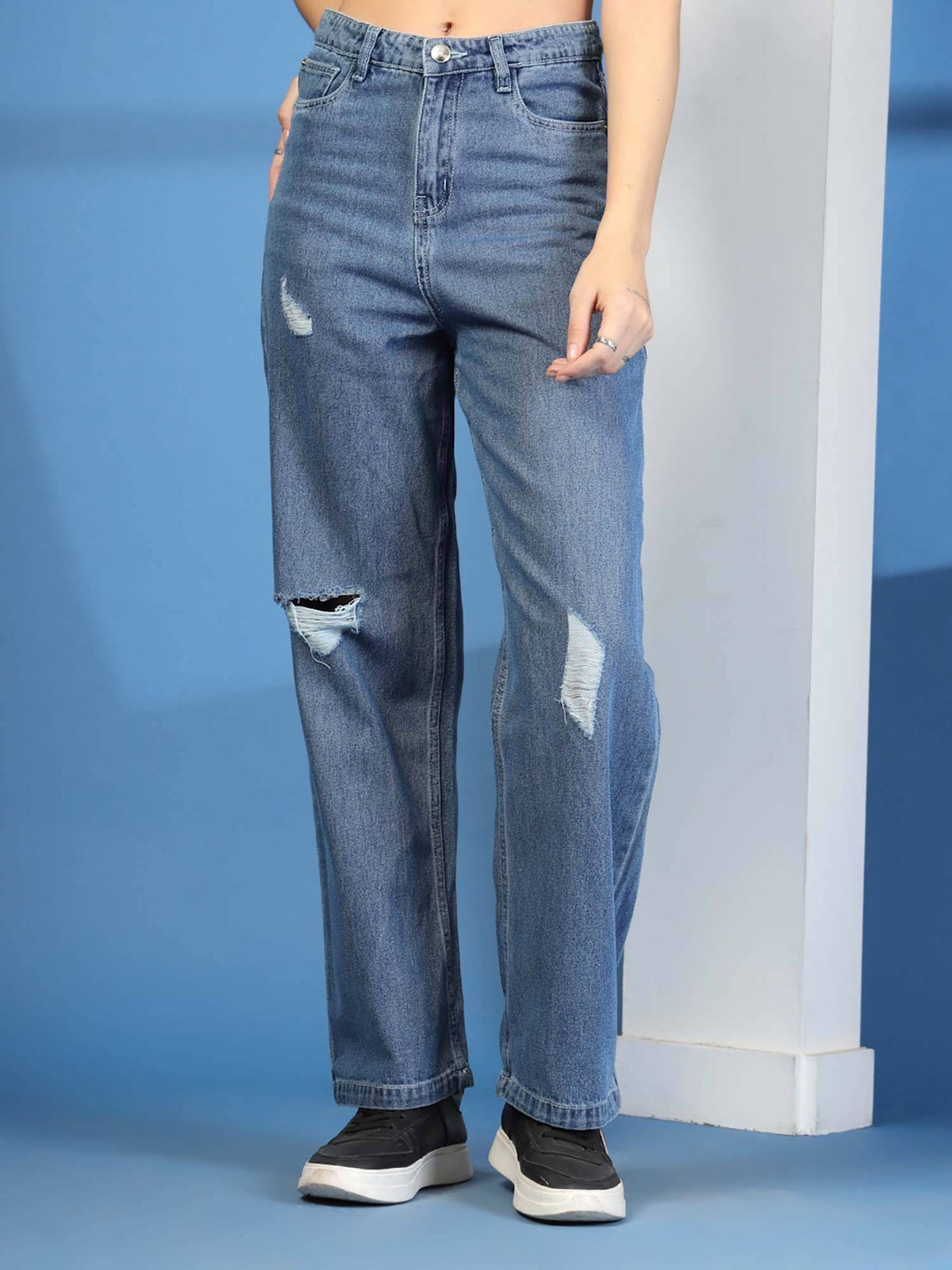 Wide Leg Mid-Rise Ripped Casual Navy Blue Jeans | WL90 - view 1