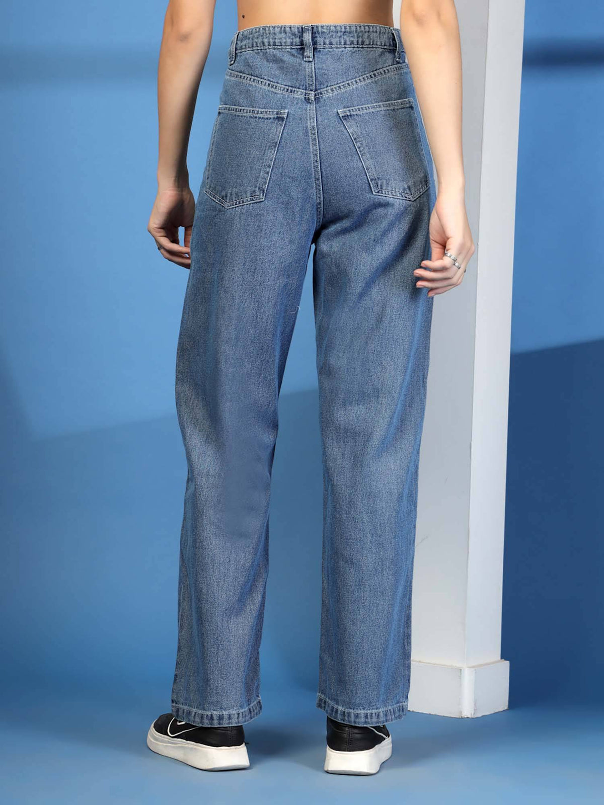 Wide Leg Mid-Rise Ripped Casual Navy Blue Jeans | WL90 - view 2