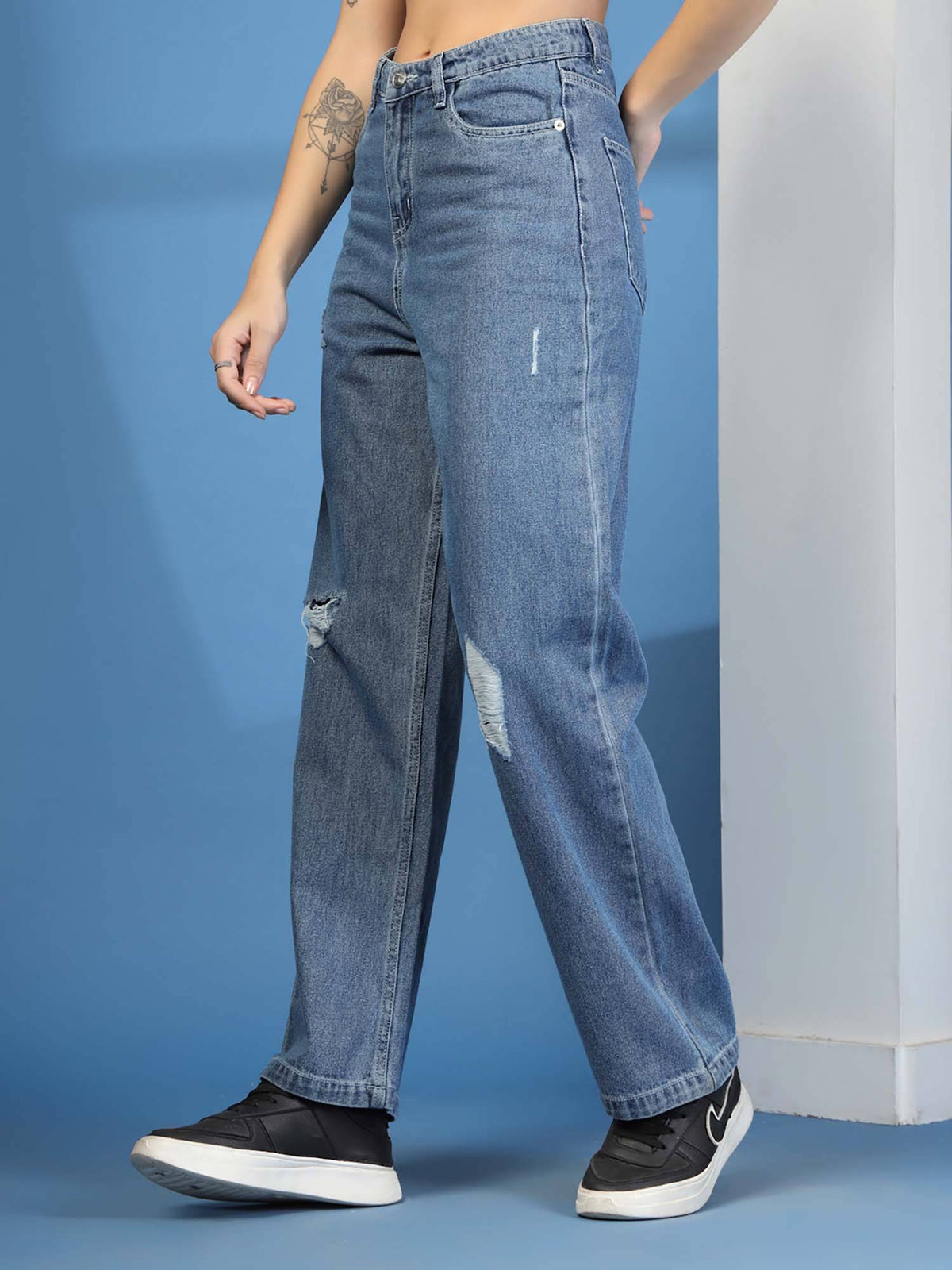 Wide Leg Mid-Rise Ripped Casual Navy Blue Jeans | WL90 - view 3