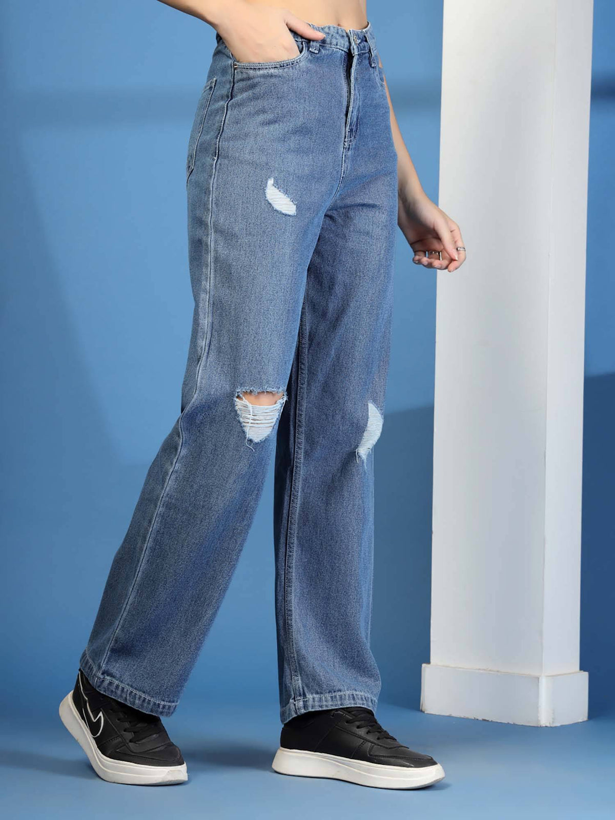 Wide Leg Mid-Rise Ripped Casual Navy Blue Jeans | WL90 - view 4