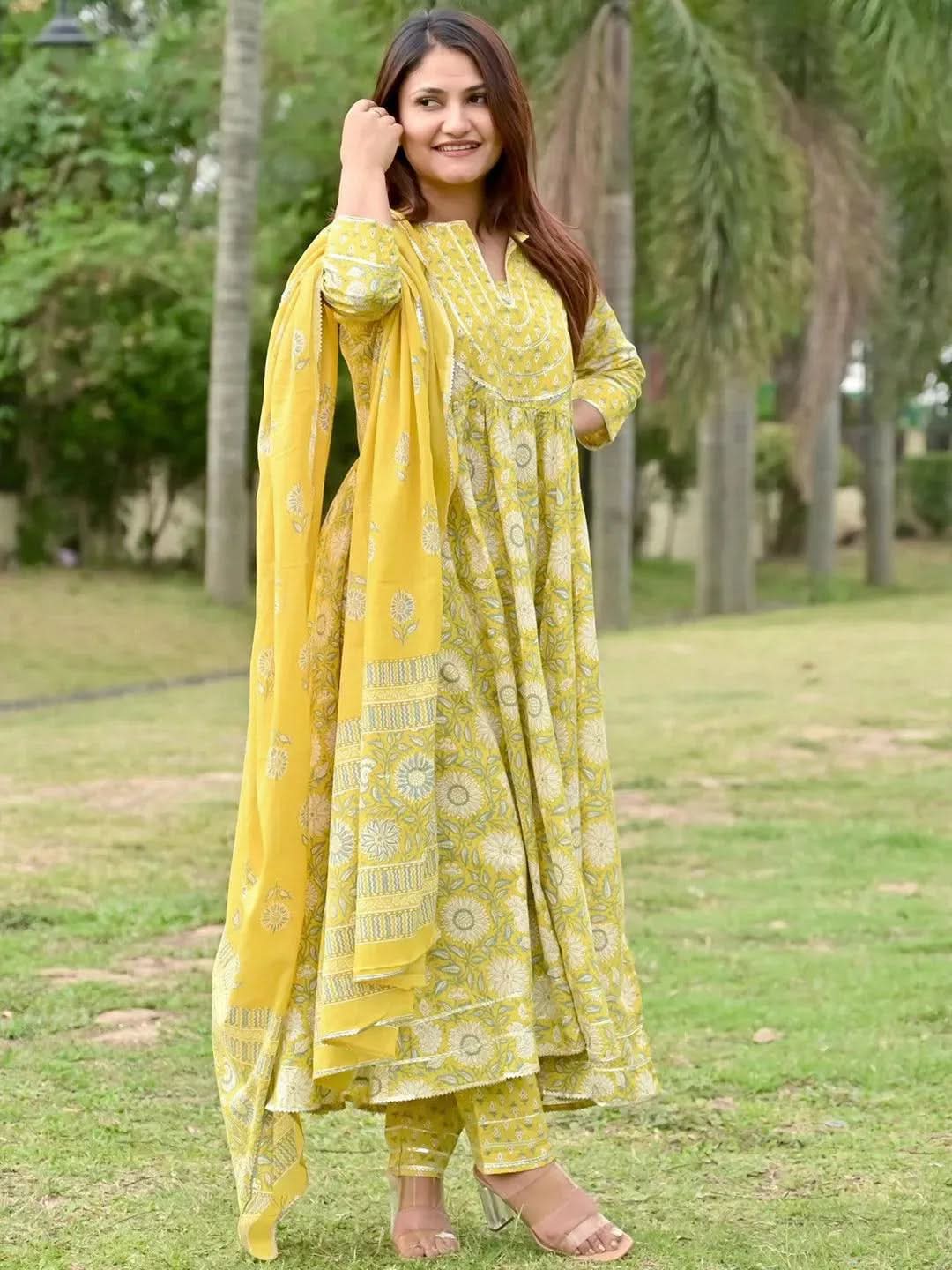 Libas Yellow Yoke Design Cotton Anarkali Kurta With Trousers & Dupatta
