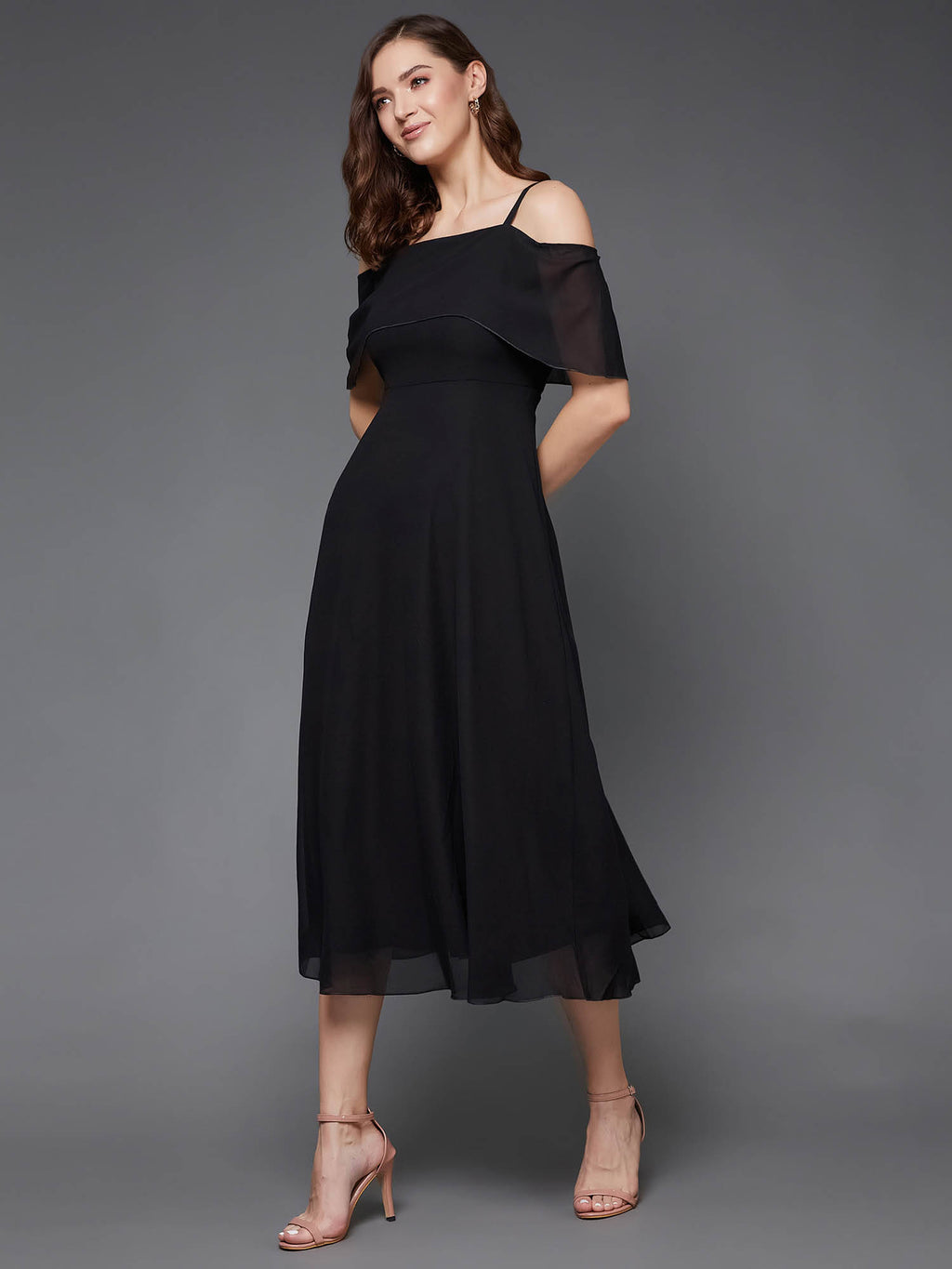 Women's Black Bardot Style Sleeveless Strap Off Shoulder Midi Skater Dress | D56 - view 1