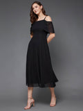 Women's Black Bardot Style Sleeveless Strap Off Shoulder Midi Skater Dress | D56 - view 1