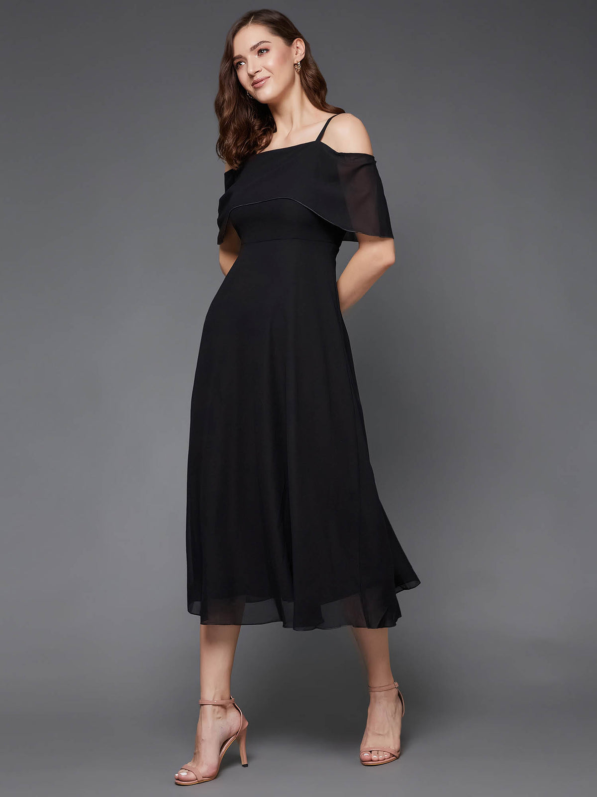 Women's Black Bardot Style Sleeveless Strap Off Shoulder Midi Skater Dress | D56 - view 1