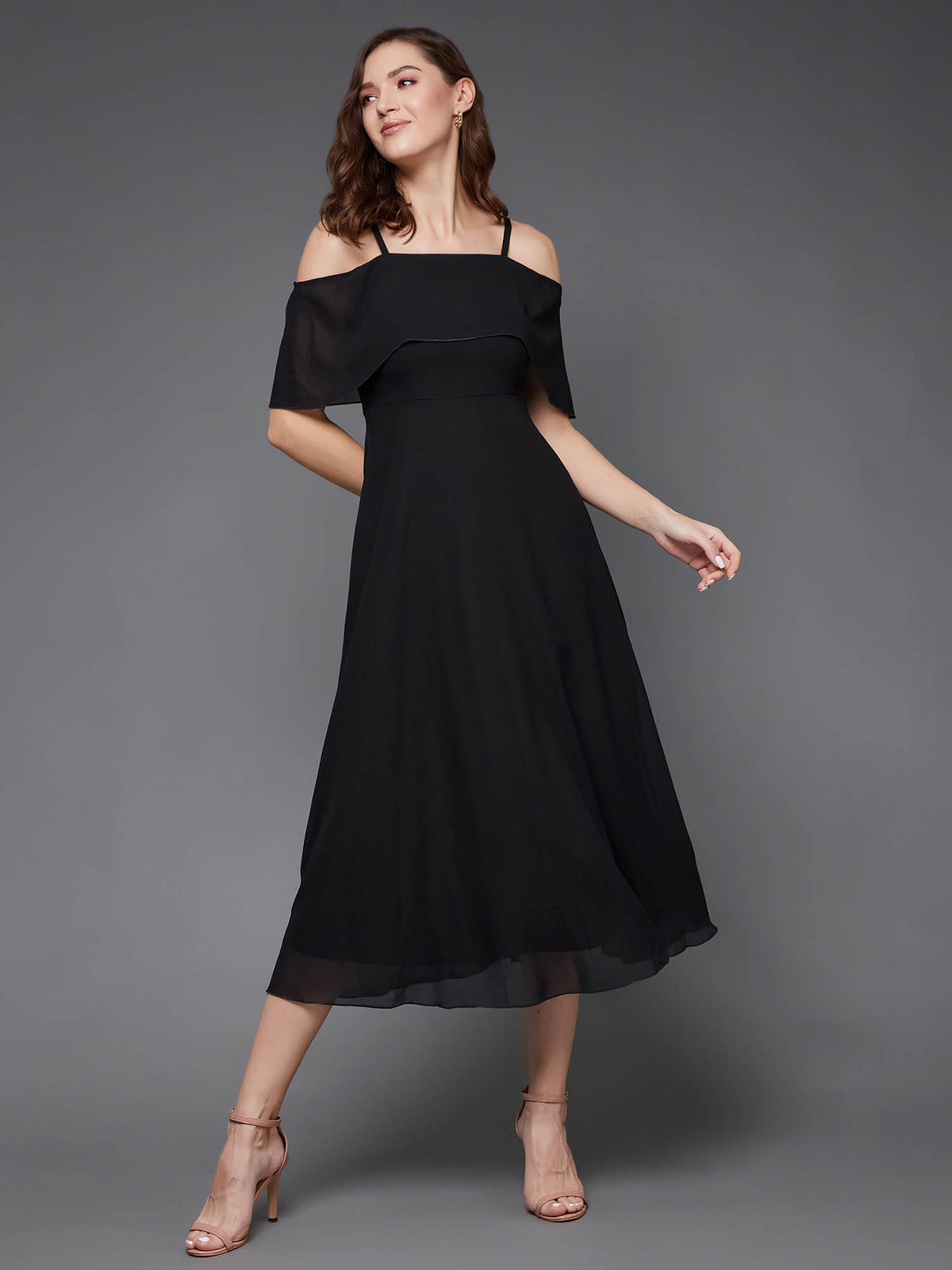Women's Black Bardot Style Sleeveless Strap Off Shoulder Midi Skater Dress | D56 - view 2