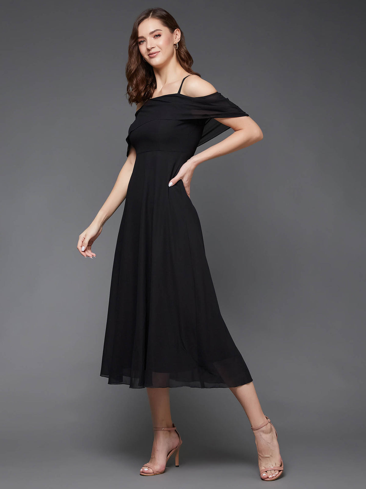 Women's Black Bardot Style Sleeveless Strap Off Shoulder Midi Skater Dress | D56 - view 3