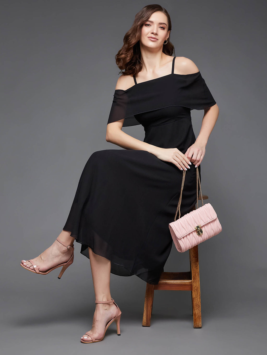 Women's Black Bardot Style Sleeveless Strap Off Shoulder Midi Skater Dress | D56 - view 6