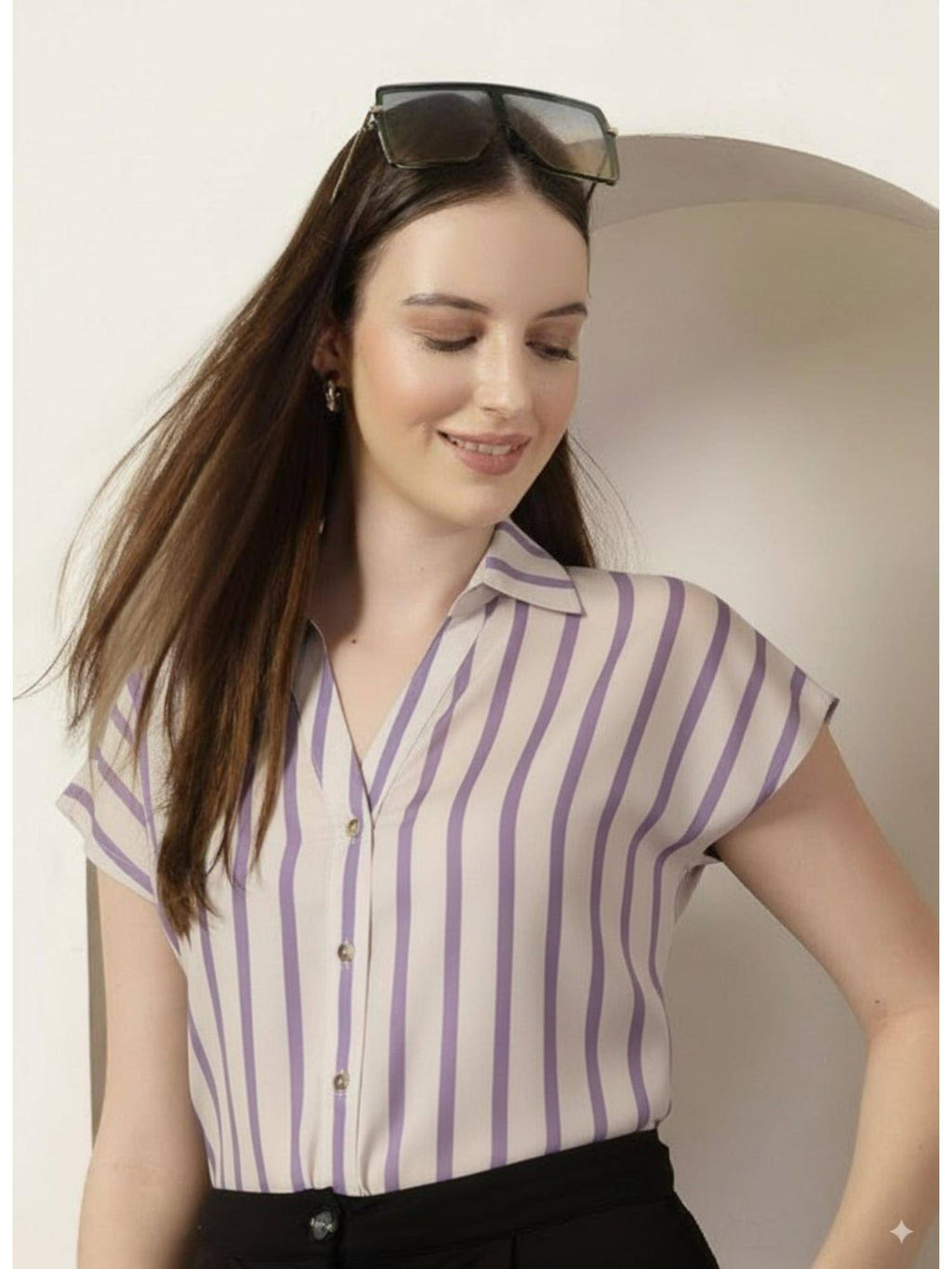 Women Beige And Lilac Striped Polyester Shirt | S67 - view 1