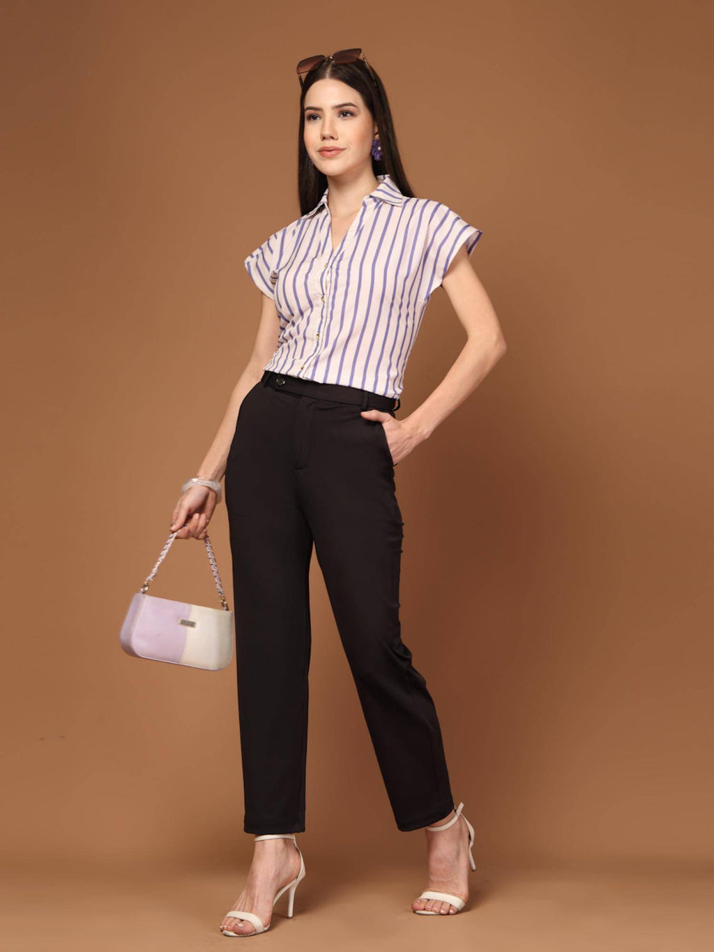 Women Beige And Lilac Striped Polyester Shirt | S67 - view 5