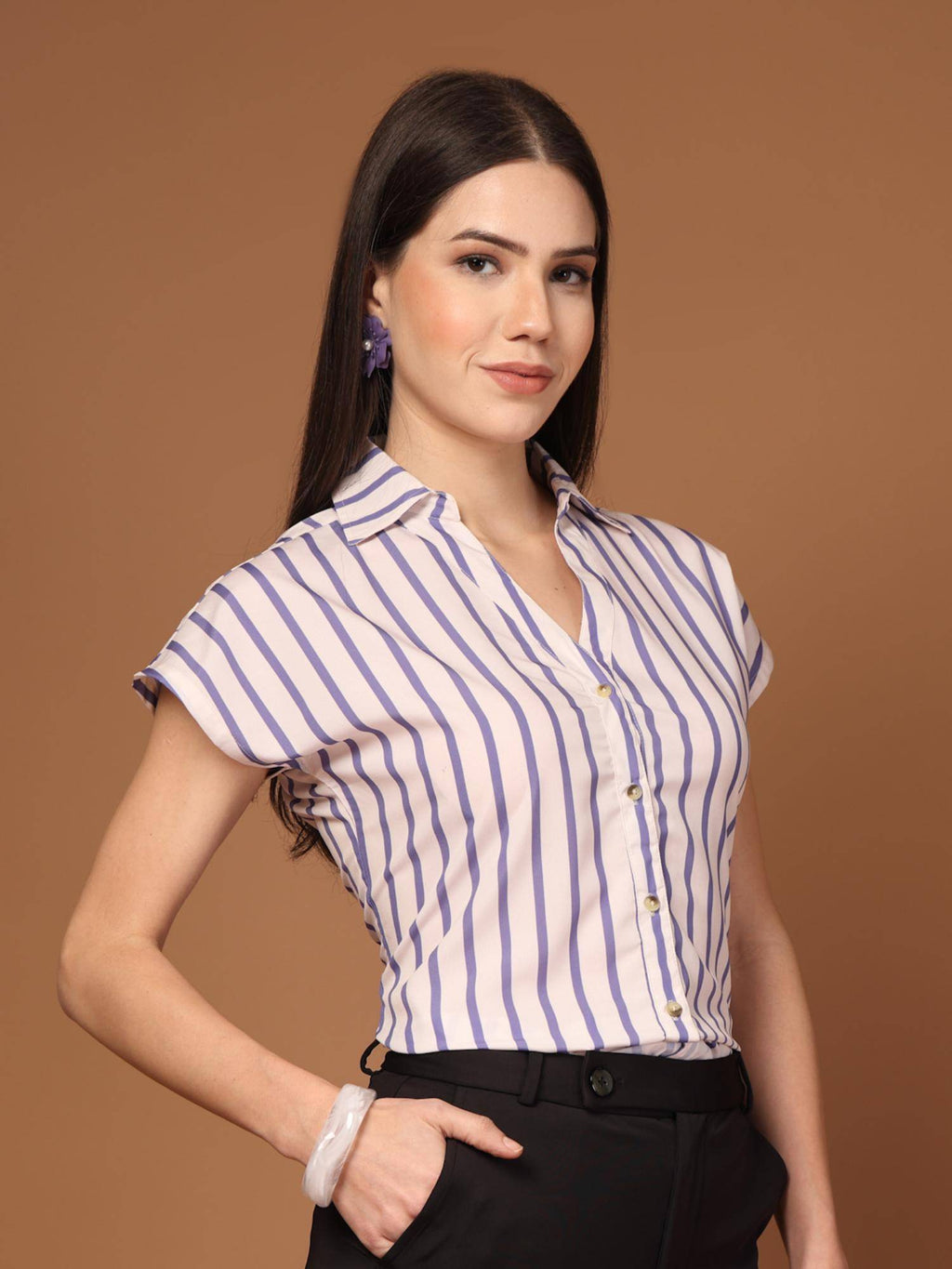 Women Beige And Lilac Striped Polyester Shirt | S67 - view 6
