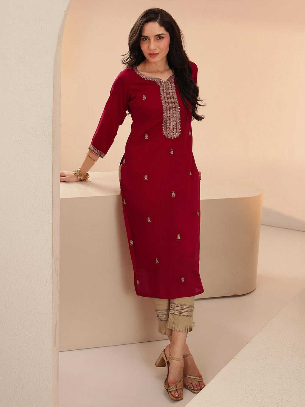 Red Embroidered Silk Blend Kurta | KDG - view 25