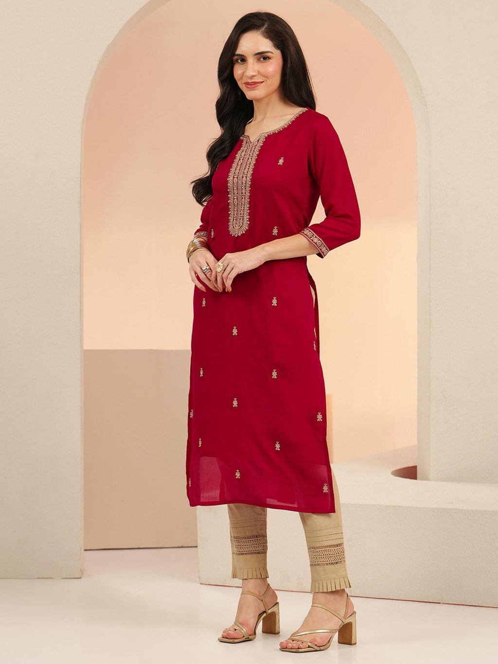 Red Embroidered Silk Blend Kurta | KDG - view 26