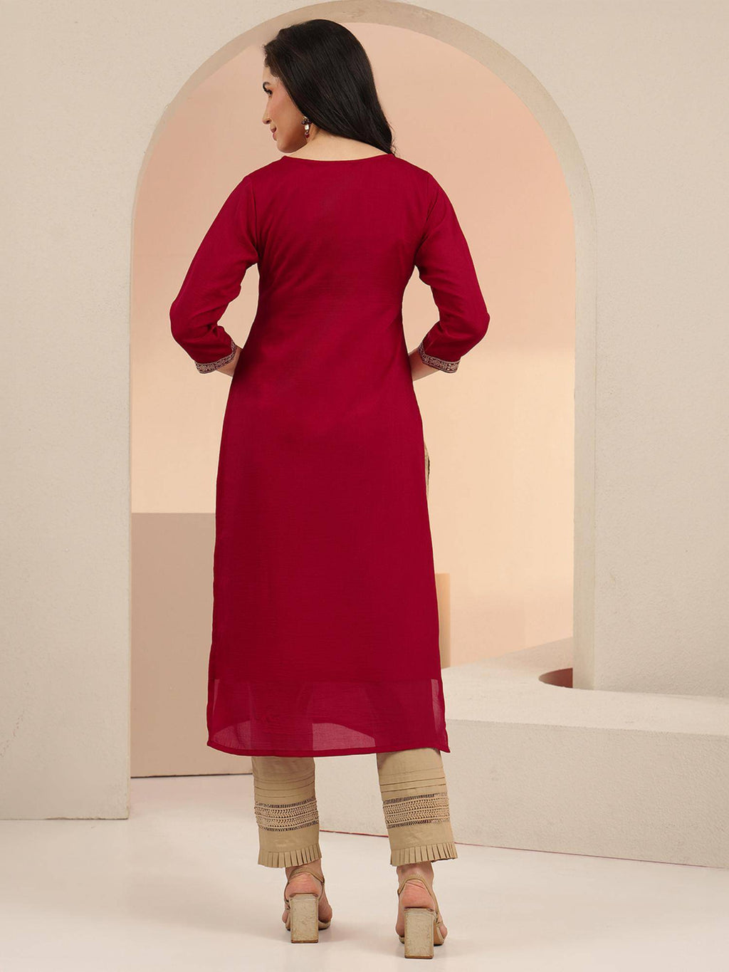 Red Embroidered Silk Blend Kurta | KDG - view 27