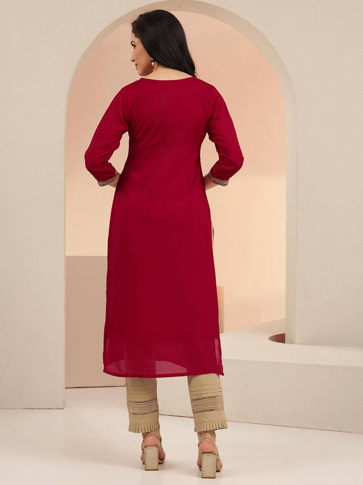 Red Embroidered Silk Blend Kurta | KDG - view 27