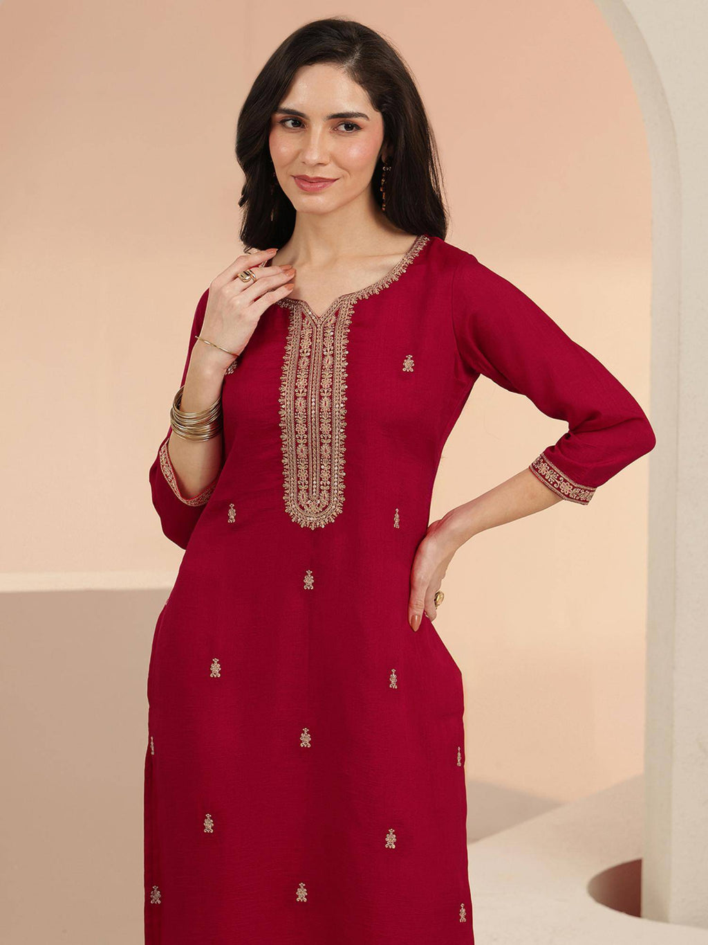 Red Embroidered Silk Blend Kurta | KDG - view 28