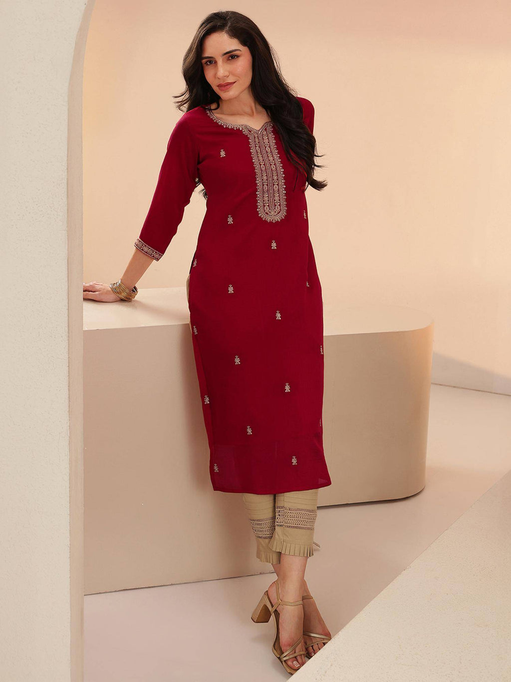Red Embroidered Silk Blend Kurta | KDG - view 29