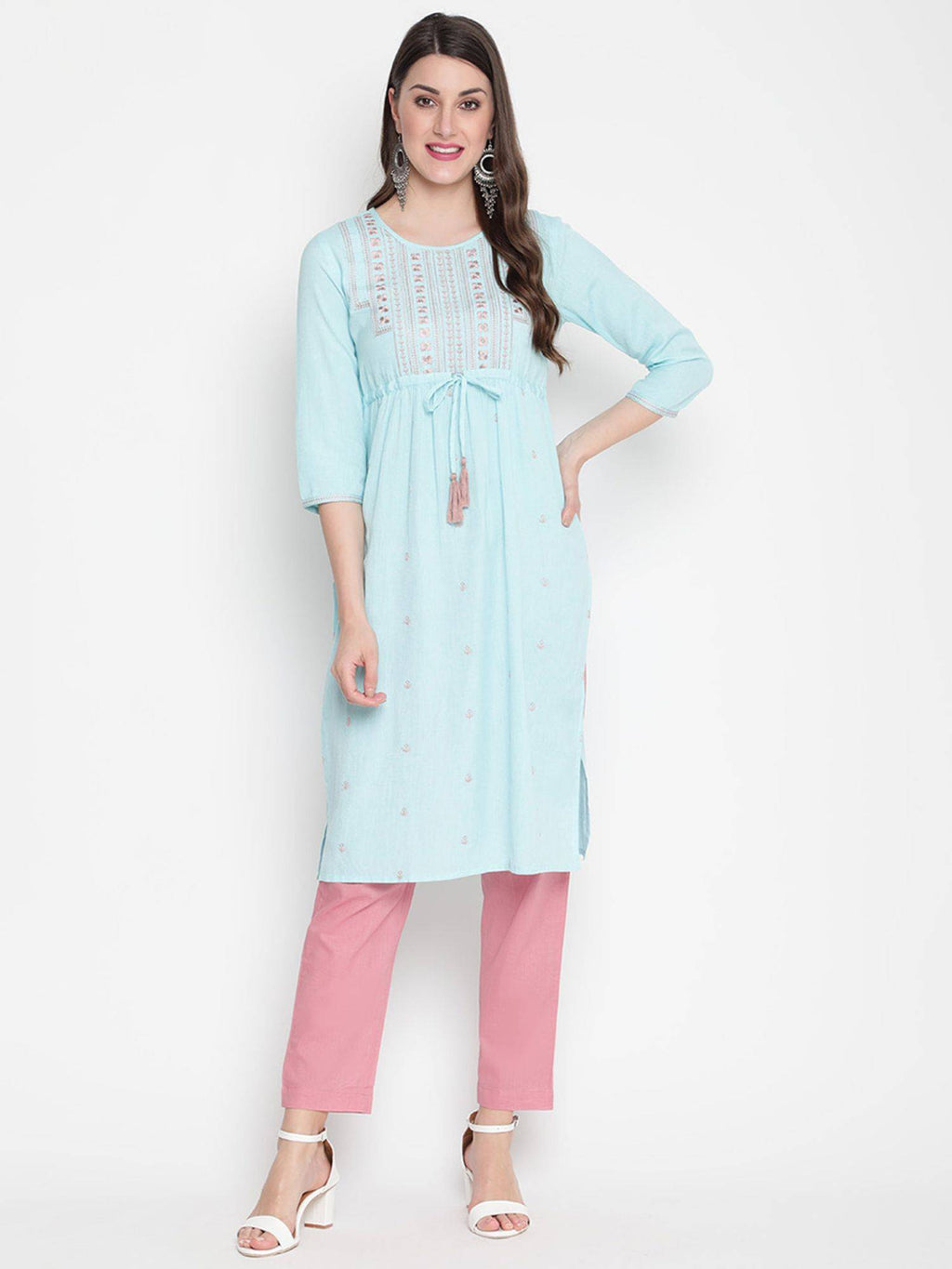 Turquoise Blue Cotton Embroidered Designer A-Line Kurta | KDG - view 1