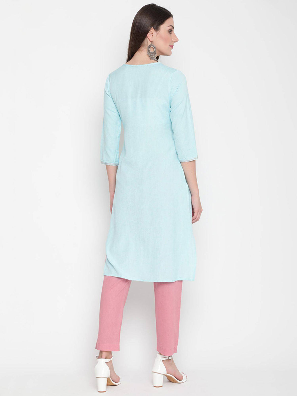 Turquoise Blue Cotton Embroidered Designer A-Line Kurta | KDG - view 2