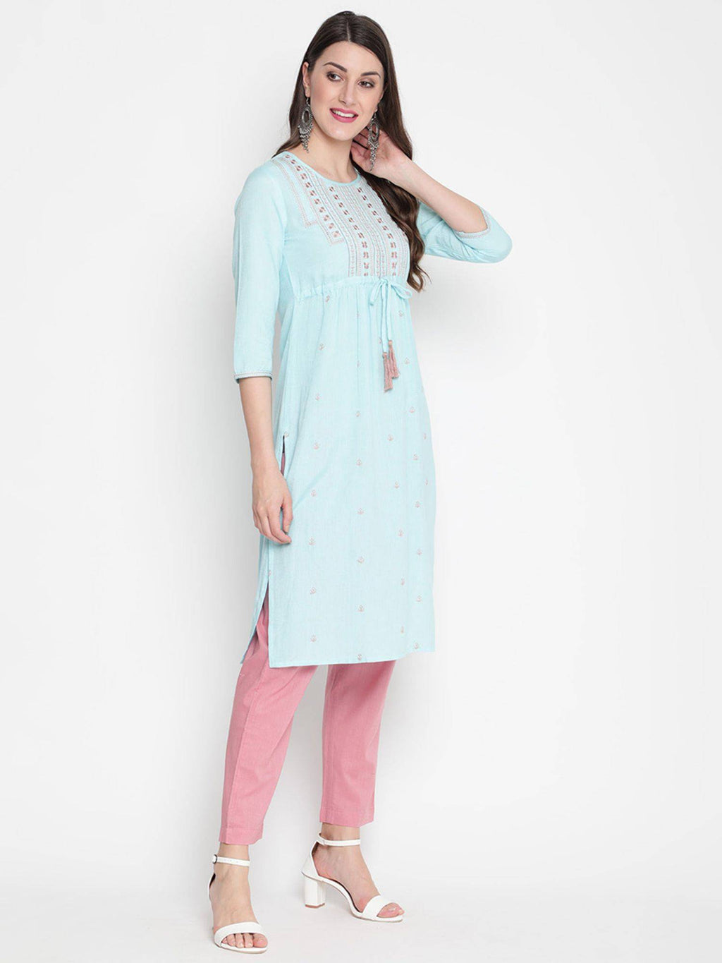 Turquoise Blue Cotton Embroidered Designer A-Line Kurta | KDG - view 3