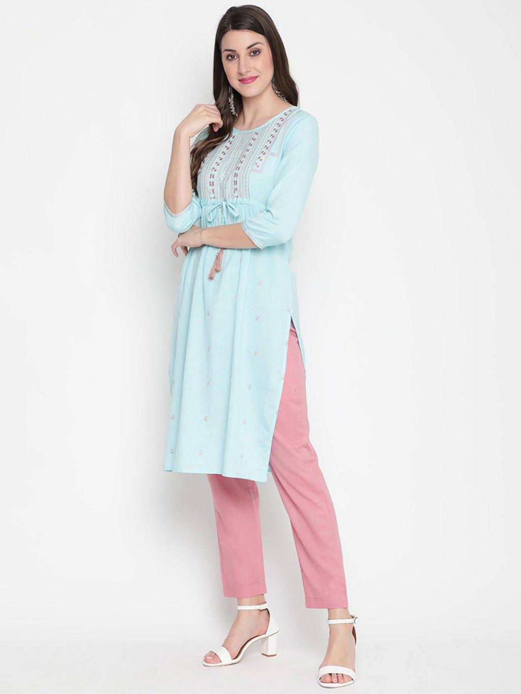 Turquoise Blue Cotton Embroidered Designer A-Line Kurta | U3S - view 4