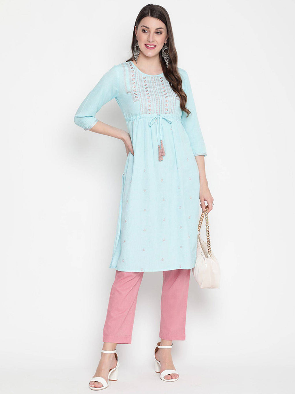 Turquoise Blue Cotton Embroidered Designer A-Line Kurta | KDG - view 5