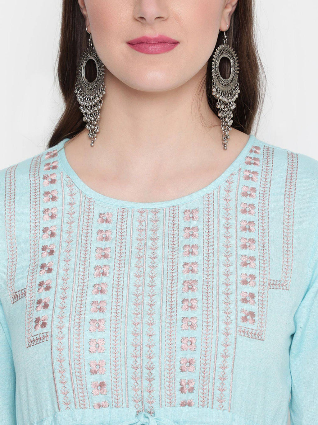 Turquoise Blue Cotton Embroidered Designer A-Line Kurta | KDG - view 6