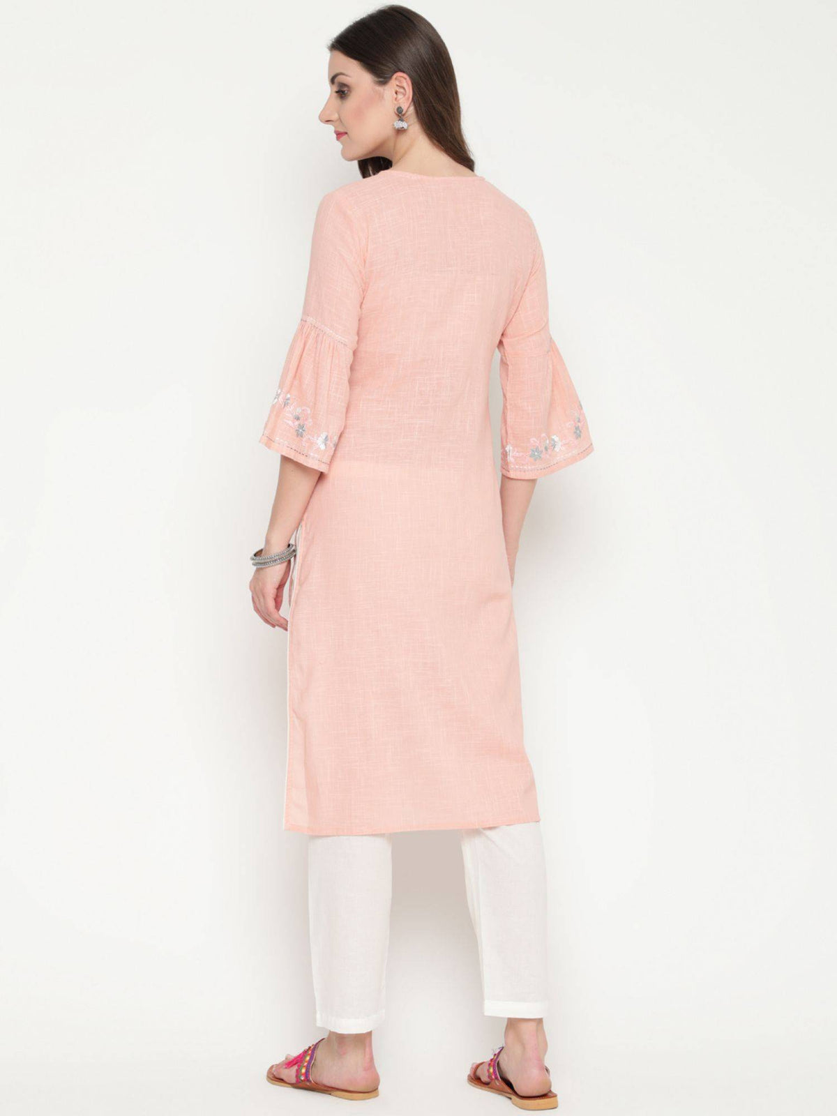 Peach Cotton Embroidered Designer Straight Kurta | FY93 - view 2