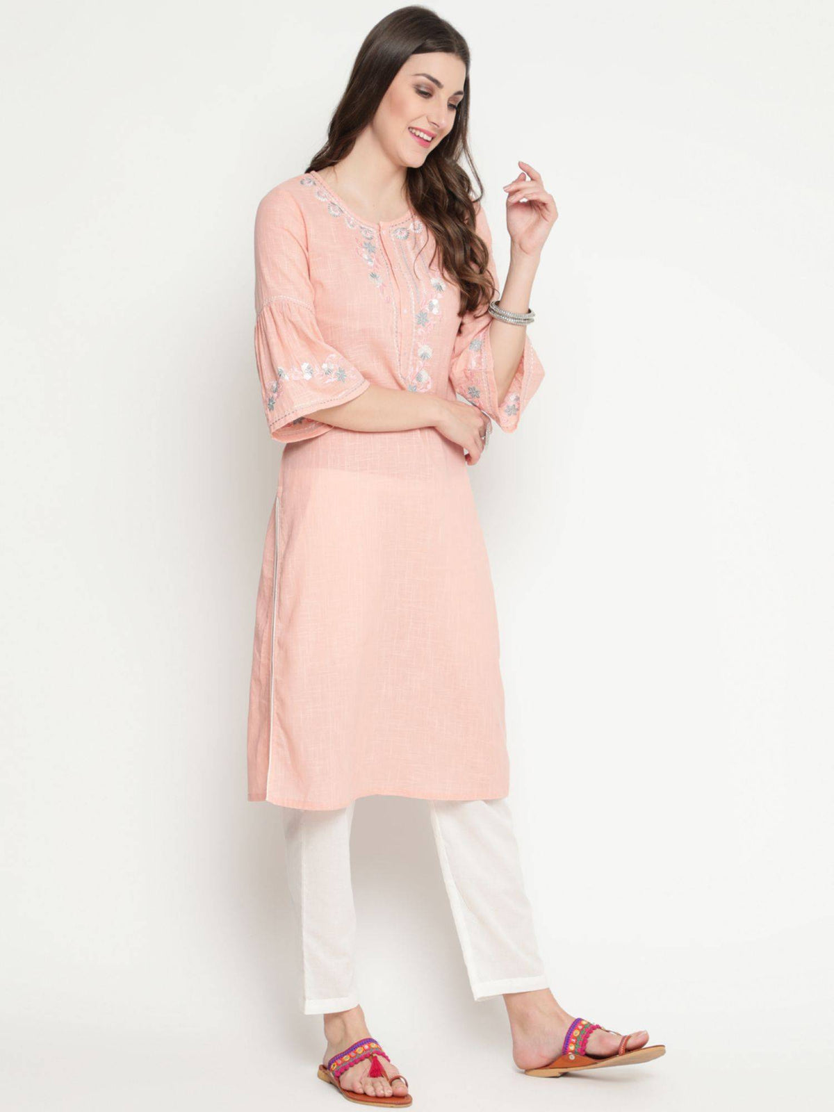 Peach Cotton Embroidered Designer Straight Kurta | KDG - view 3