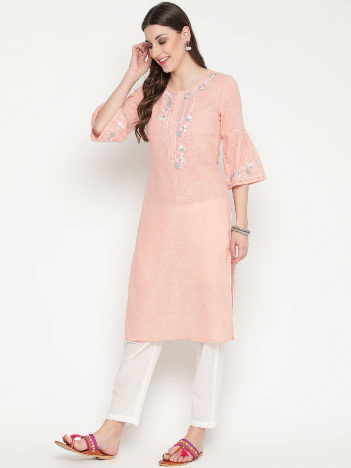 Peach Cotton Embroidered Designer Straight Kurta | KDG - view 4