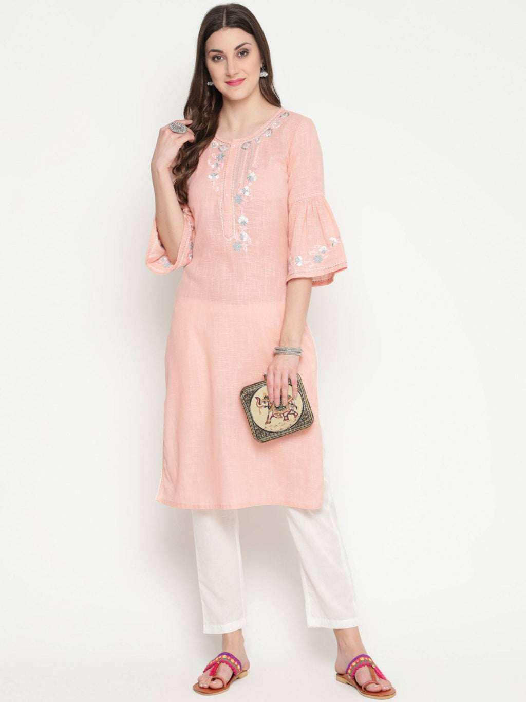 Peach Cotton Embroidered Designer Straight Kurta | KDG - view 5