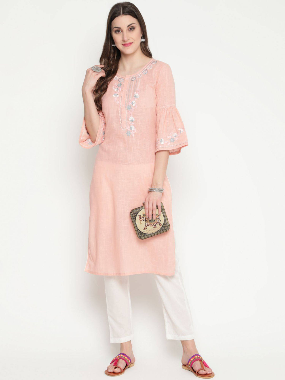 Peach Cotton Embroidered Designer Straight Kurta | KDG - view 5