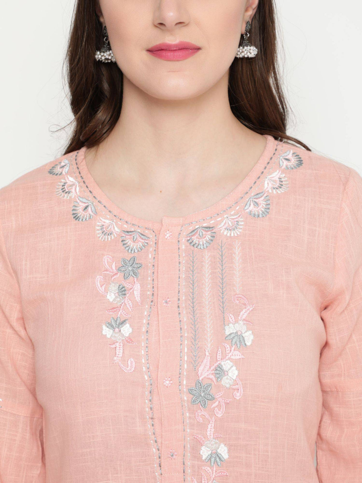 Peach Cotton Embroidered Designer Straight Kurta | KDG - view 6