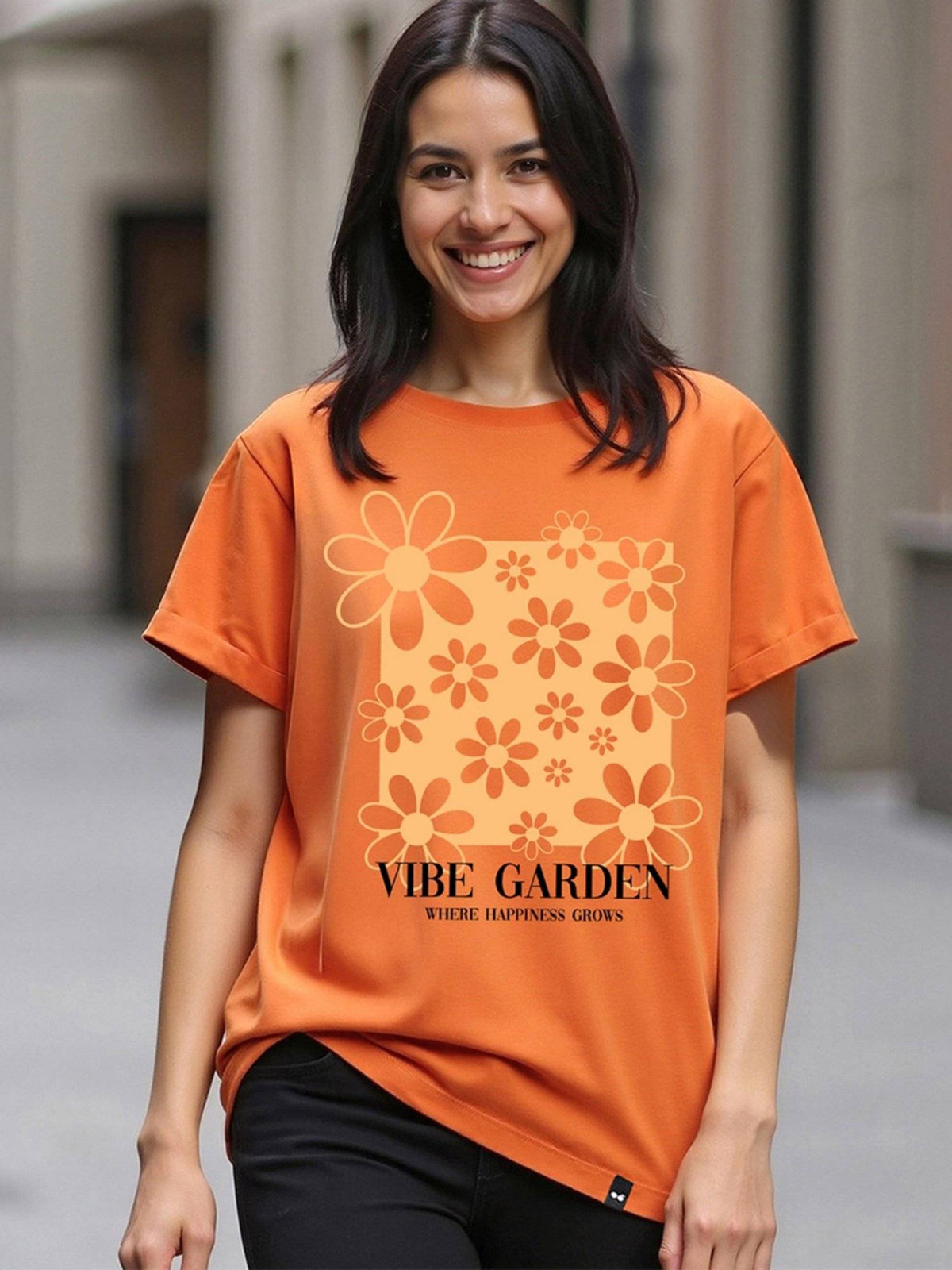 Women's Caramel Orange Vibe Garden Graphic Printed Boyfriend T-shirt | TS56 - view 1
