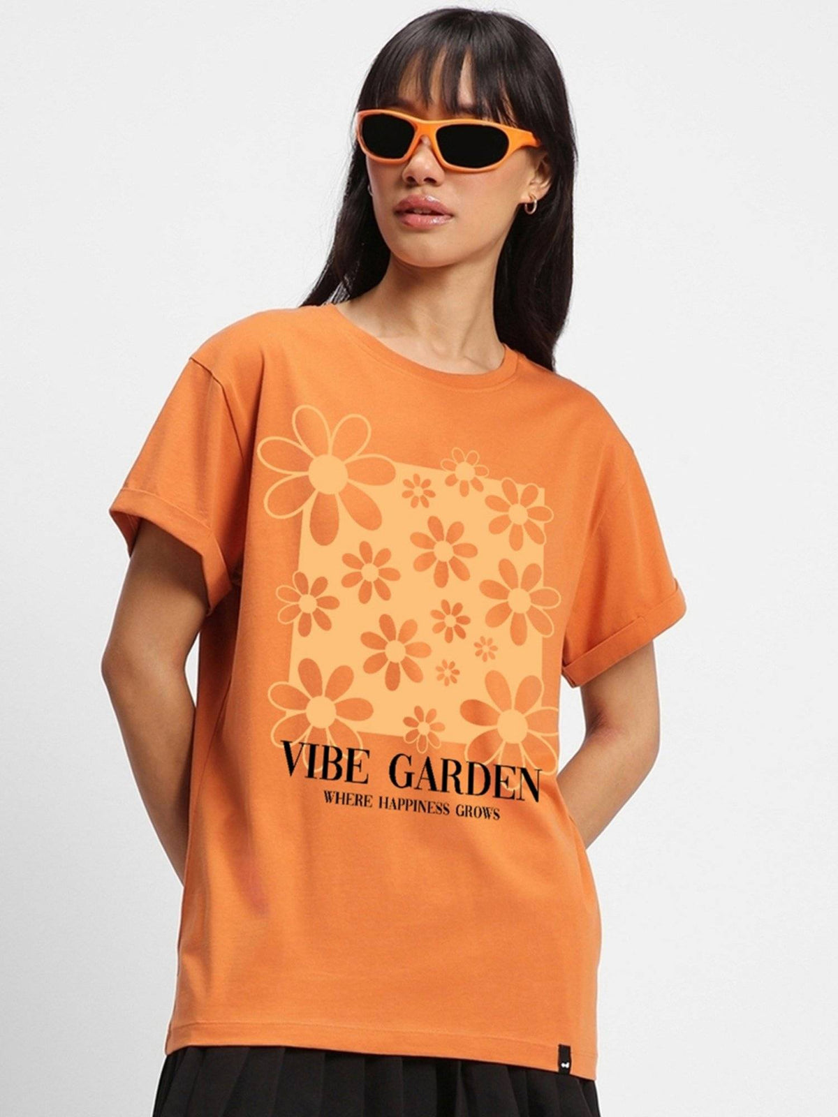 Women's Caramel Orange Vibe Garden Graphic Printed Boyfriend T-shirt | TS56 - view 2
