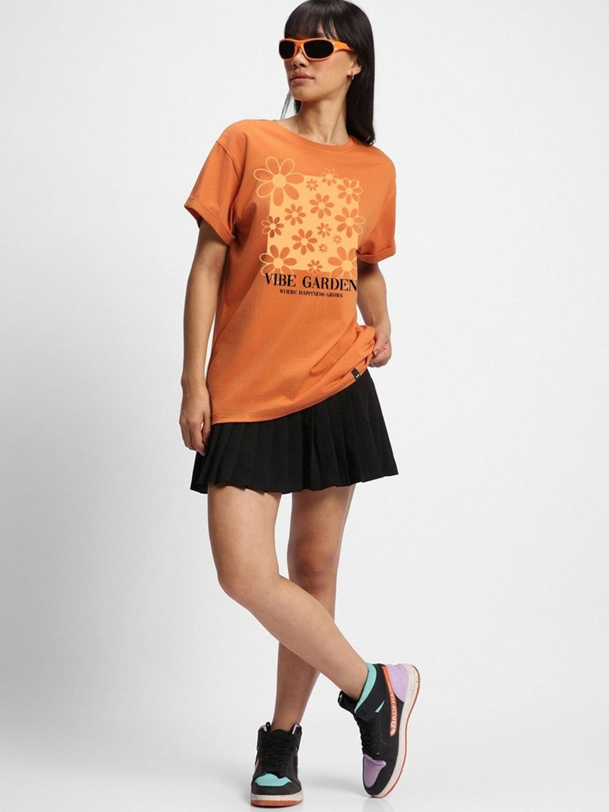 Women's Caramel Orange Vibe Garden Graphic Printed Boyfriend T-shirt | TS56 - view 4