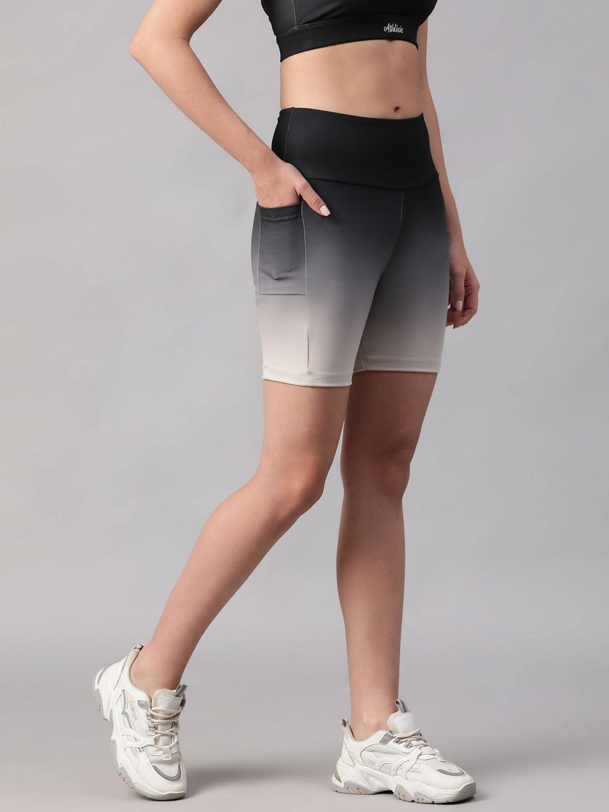 Women Black Mid Waist Fitness Ombre Shorts - view 3
