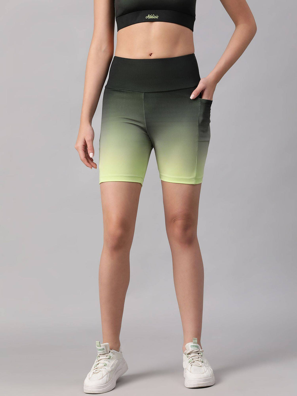 Women Green Mid Waist Fitness Ombre Shorts - view 1