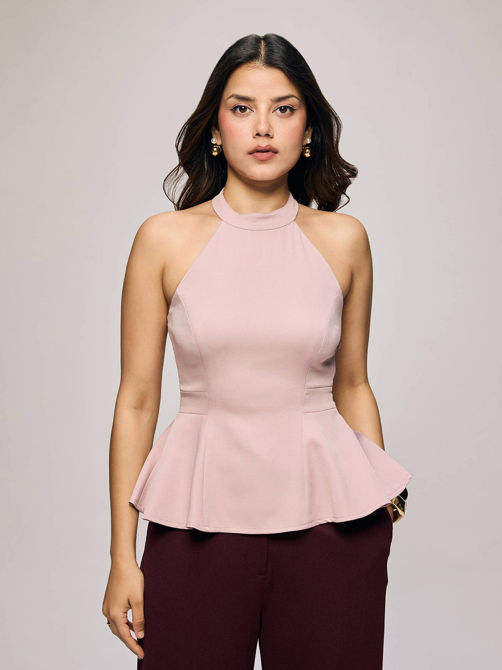 Pink High Halter Neck Peplum Top | HT67 - view 1