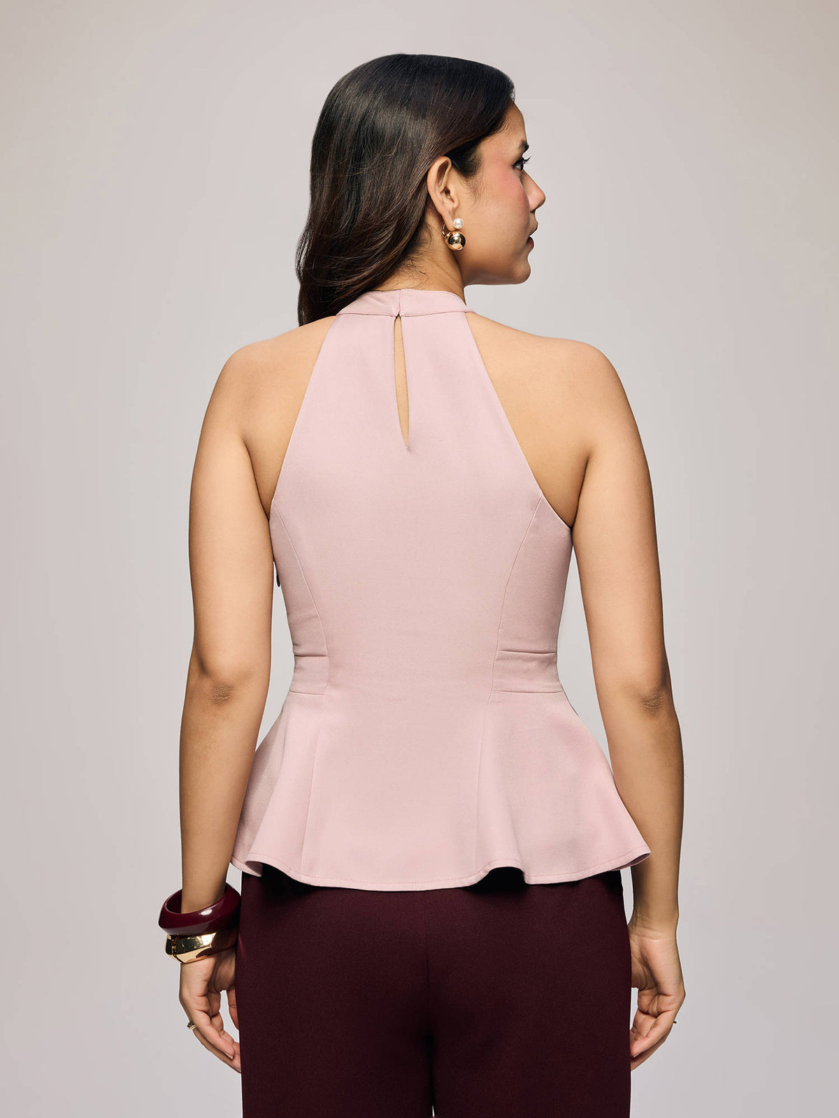 Pink High Halter Neck Peplum Top | pt51 - view 2