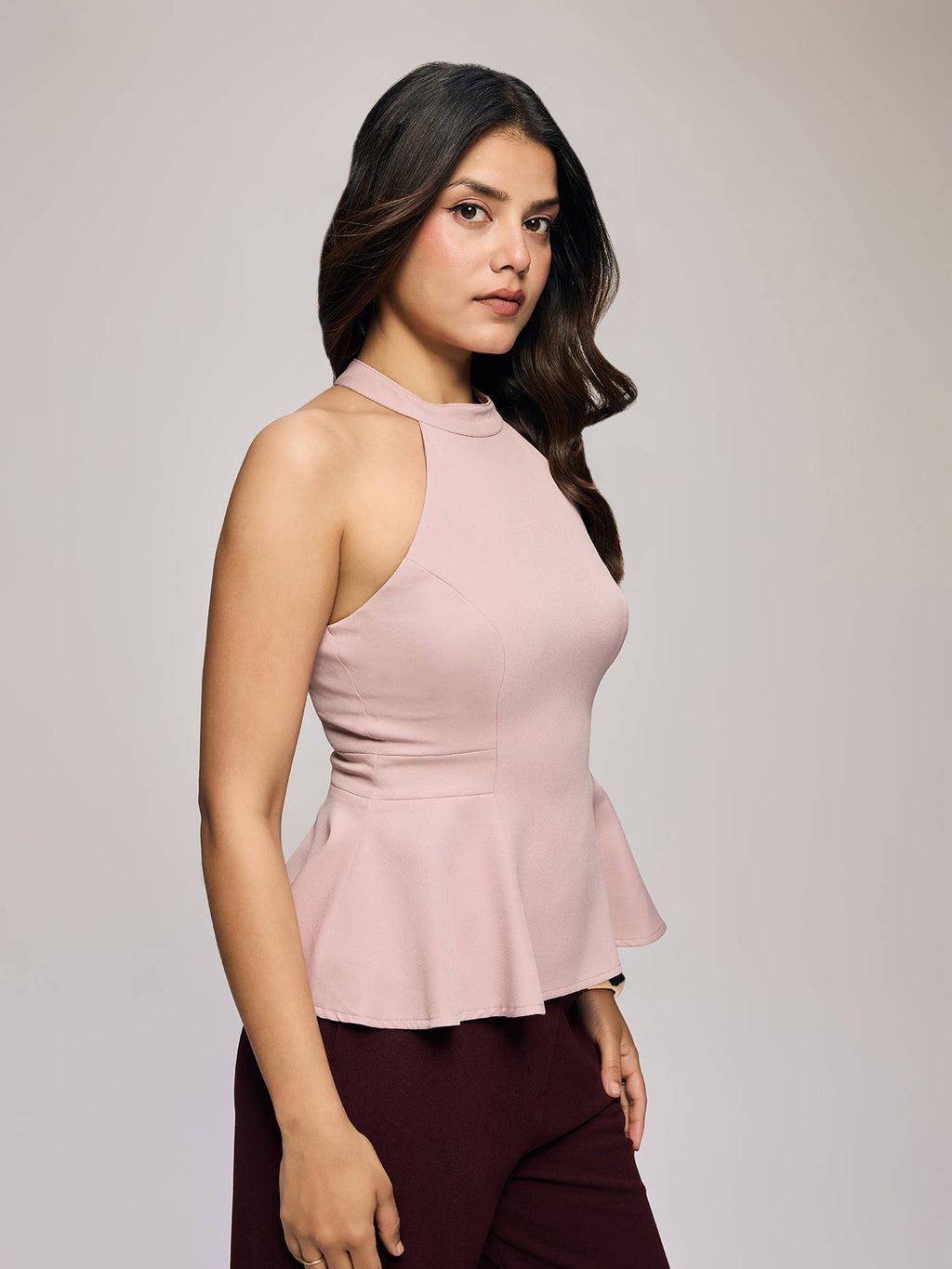 Pink High Halter Neck Peplum Top | HT67 - view 3