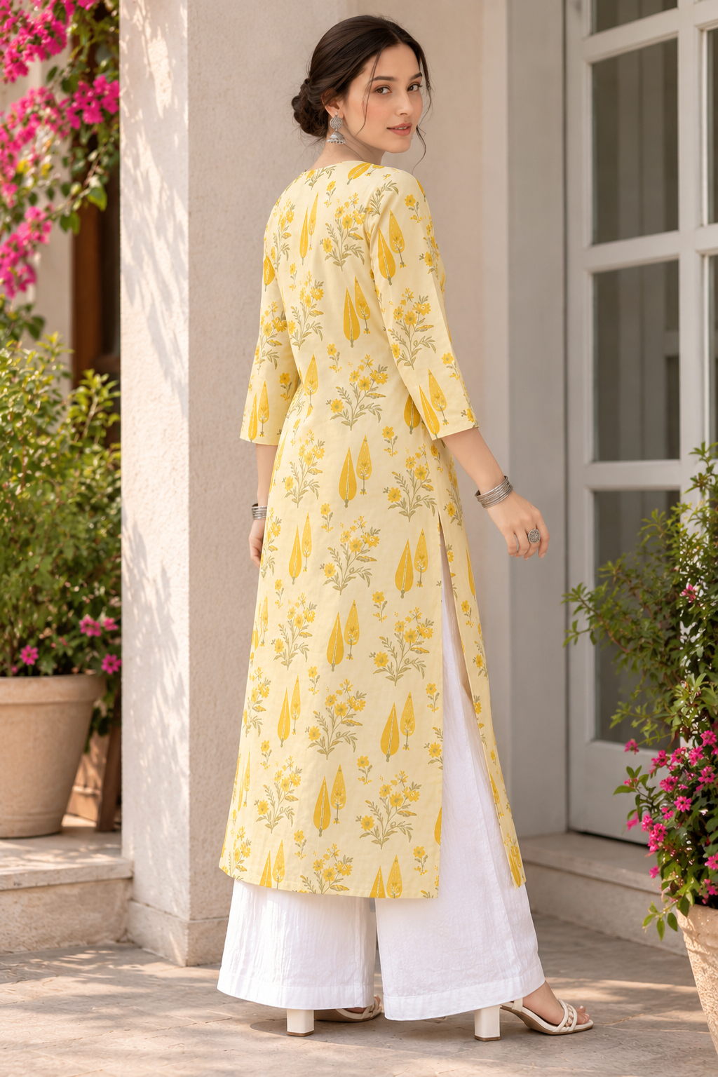 Sunlit Yellow Floral Straight Kurta with White Palazzo