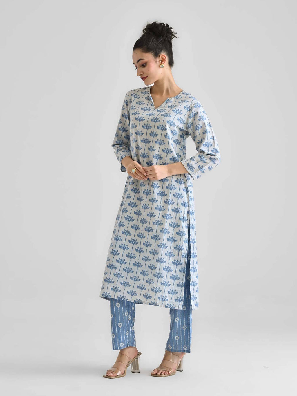 Light Blue Lotus Dabu Printed Cotton Kurta | KDG - view 1