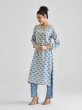 Light Blue Lotus Dabu Printed Cotton Kurta | KDG - view 1