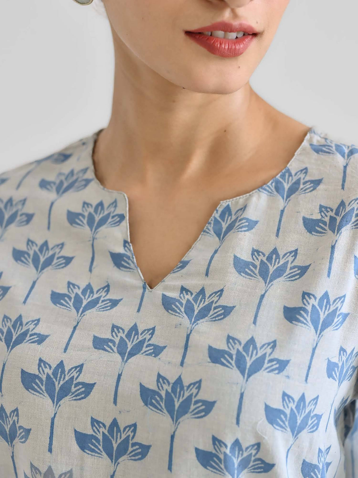 Light Blue Lotus Dabu Printed Cotton Kurta | KDG - view 2