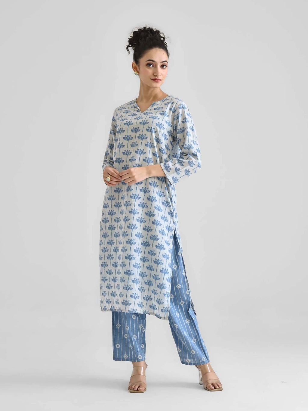 Light Blue Lotus Dabu Printed Cotton Kurta | KDG - view 3