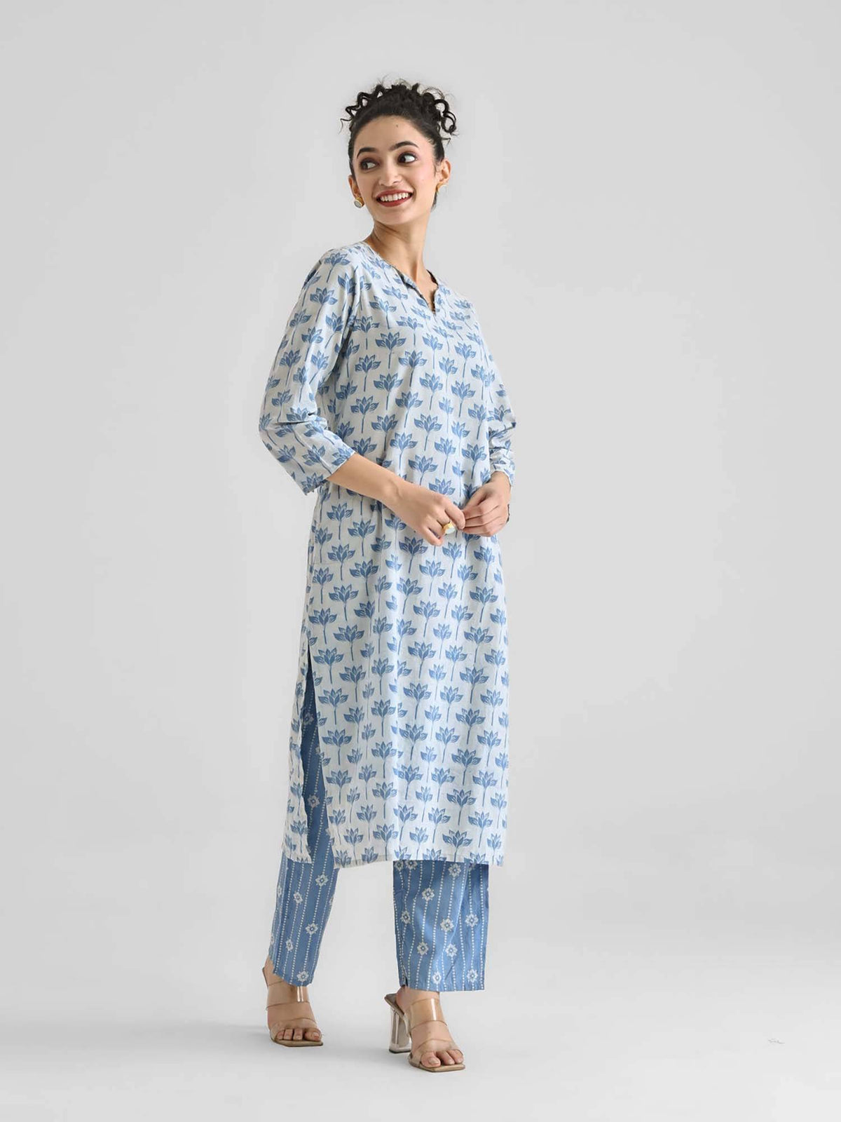 Light Blue Lotus Dabu Printed Cotton Kurta | KDG - view 4